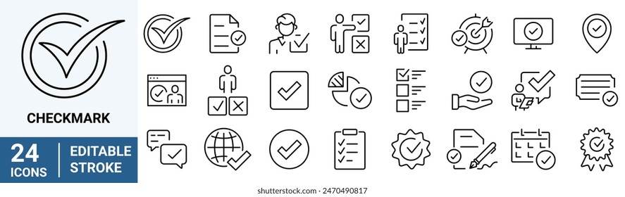 Checkmark web line icons set. Containing check, accept, agree, selected, confirm, approve, correct, complete, checklist.