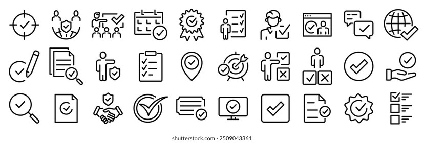 Marcar o conjunto de ícones da linha da Web. Contendo verificação, aceitar, concordar, selecionado, confirmar, aprovar, correto, completo, lista de verificação.