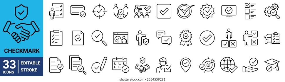 Checkmark web line icons set. Containing check, accept, agree, selected, confirm, approve, correct, complete, checklist.