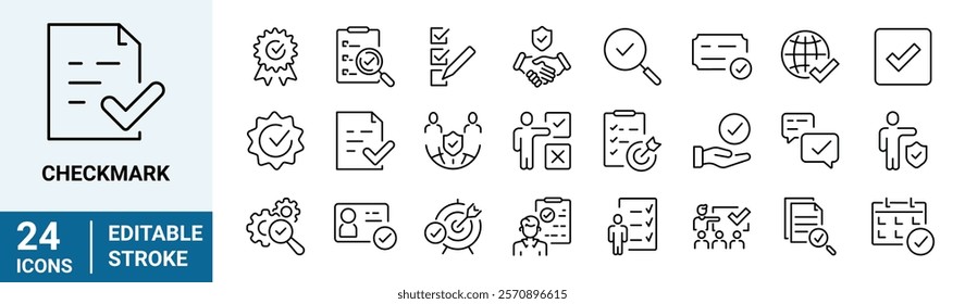 Checkmark web line icons set. Containing check, accept, agree, selected, confirm, approve, correct, complete, checklist.