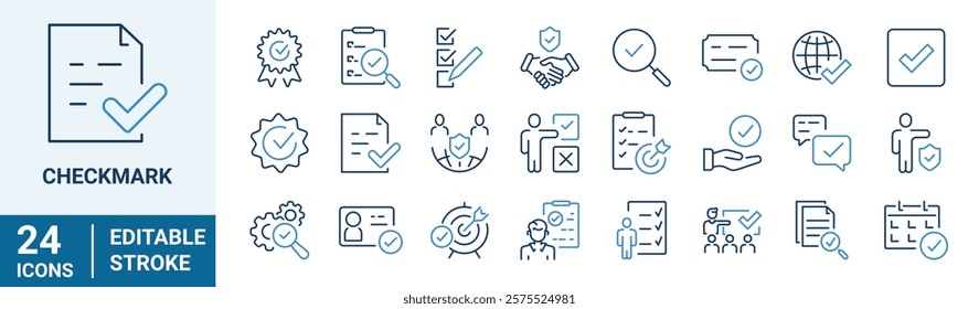 Checkmark web line icons set. Containing check, accept, agree, selected, confirm, approve, correct, complete, checklist.