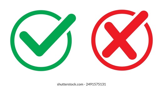 marca de verificación y x o confirmar y denegar arte de línea, marca de verificación verde y signo x rojo. Corregir el error de símbolo de Vector aislado sobre fondo blanco.