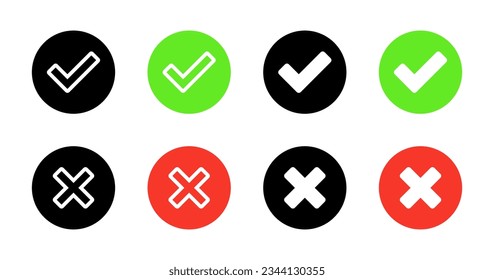 Marca de verificación y x vector de icono de marca cruzada. Aprobar y rechazar símbolo de signo