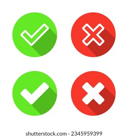 Checkmark and x cross mark icon vector in flat style. Approve and reject sign symbol