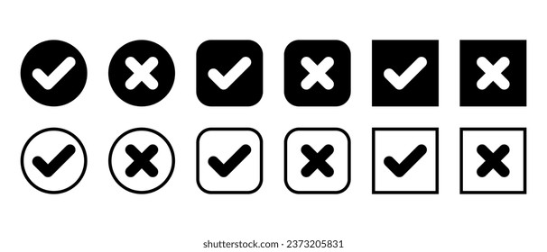 Checkmark and x cross mark icon vector set collection. Approve and decline sign symbol