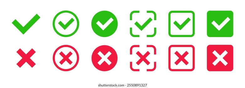 Marcação e X ícones definidos. Marca de seleção e cruz. Verificação verde e marca vermelha errada. Ilustração vetorial. 