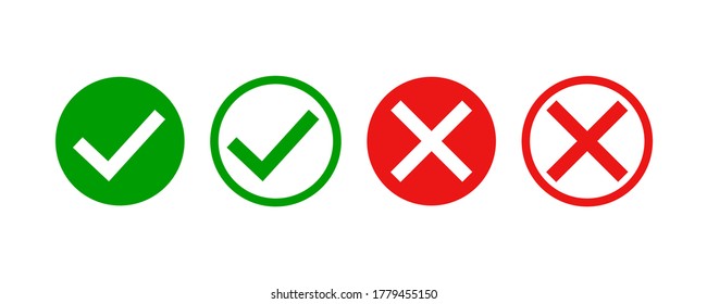 Checkmark and x mark icon . Green and red checkmark on white background. Checkmark  vector icon set. red cross. 10 eps