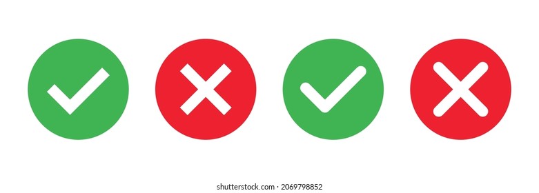 Marca de verificación x icono de marca. Marca de verificación verde y signo x rojo. Corregir el símbolo del vector de error aislado en el fondo blanco. Vota la marca de verificación en círculo y cuadrado.