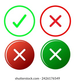 Checkmark x mark icon. Green checkmark and red x sign. Correct error vector symbol isolated on white background. Vote checkmark in circle and square box.
