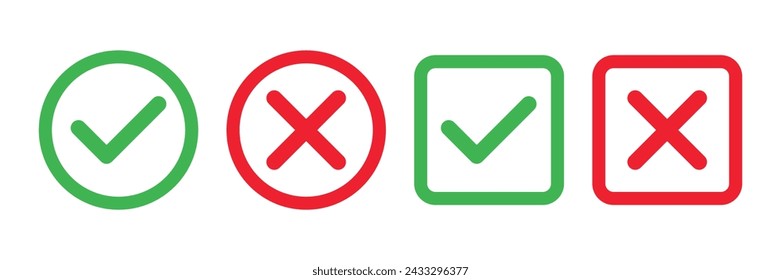 Checkmark x mark icon. Green checkmark and red x sign. Correct error vector symbol isolated on white background. Vote checkmark in circle and square box.