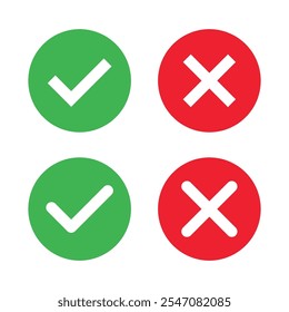 Icône coche x. Coche verte et x rouge. Symbole d'Image vectorielle d'erreur correct isolé sur fond blanc. Coche de vote en cercle et en carré.