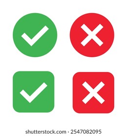 Checkmark x mark icon. Green checkmark and red x sign. Correct error vector symbol isolated on white background. Vote checkmark in circle and square box.