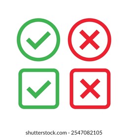Icône coche x. Coche verte et x rouge. Symbole d'Image vectorielle d'erreur correct isolé sur fond blanc. Coche de vote en cercle et en carré.