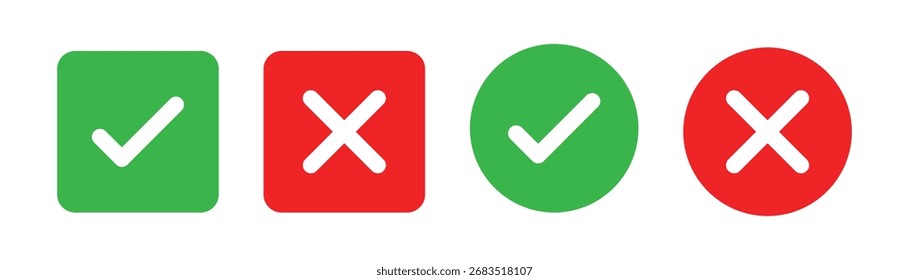 Marca de verificación x icono de marca. Marca de verificación verde y signo rojo x. Vector de error correcto aislado en el fondo blanco. Marca de verificación de voto en círculo y cuadro cuadrado.