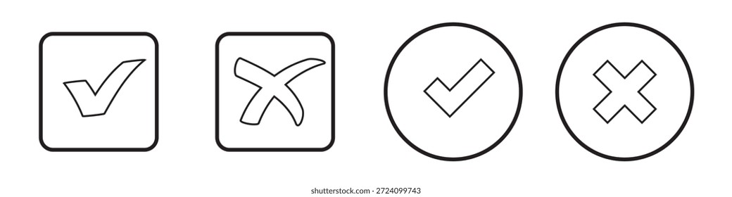 Marca de verificación x icono de marca. Marca de verificación verde y signo rojo x. Vector de error correcto aislado en el fondo blanco. Marca de verificación de voto en círculo y cuadro cuadrado.
