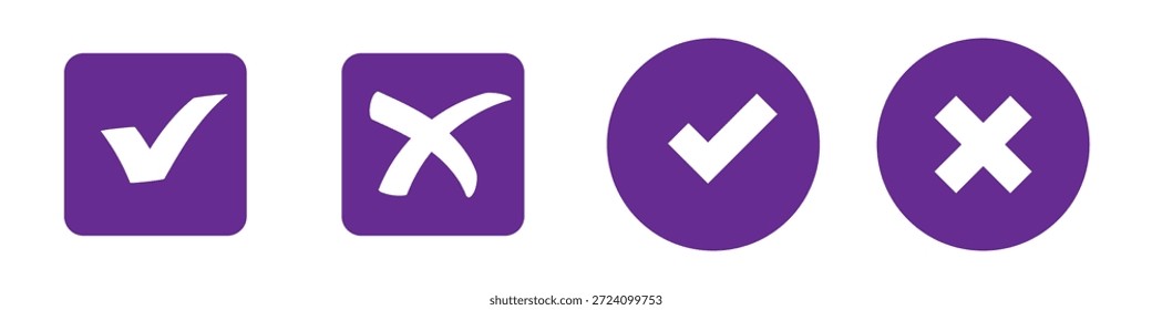 Marca de verificación x icono de marca. Marca de verificación verde y signo rojo x. Vector de error correcto aislado en el fondo blanco. Marca de verificación de voto en círculo y cuadro cuadrado.