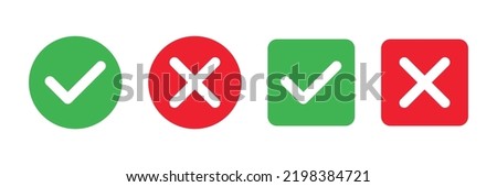 Checkmark x mark icon. Green checkmark and red x sign. Correct error vector symbol isolated on white background. Vote checkmark in circle and square box.