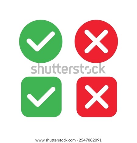 Checkmark x mark icon. Green checkmark and red x sign. Correct error vector symbol isolated on white background. Vote checkmark in circle and square box.