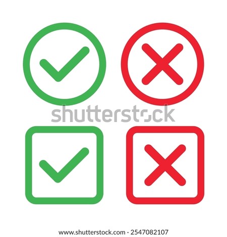 Checkmark x mark icon. Green checkmark and red x sign. Correct error vector symbol isolated on white background. Vote checkmark in circle and square box.