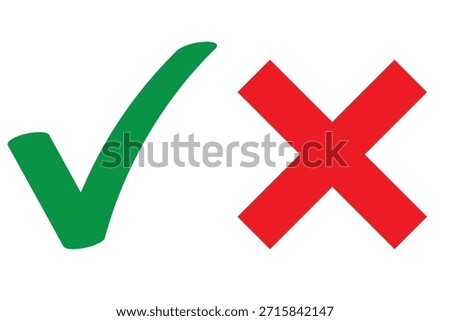 Checkmark x mark icon. Green checkmark and red x sign. Correct error vector symbol isolated on white background. Vote checkmark in circle and square box.