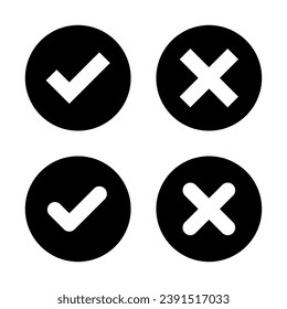Checkmark and x mark icon vector in black circle. Check and cross sign symbol