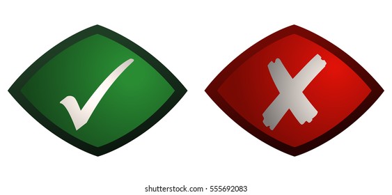 Checkmark and X Sign Glossy Buttons, Vector Illustration isolated on White Background.