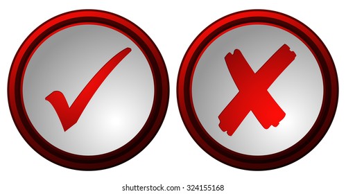 Checkmark and X Sign Red and White Buttons, Vector Illustration isolated on White Background.