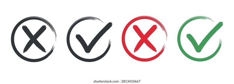 Checkmark and x symbols in circles flat vector illustration with varying hues checkmark xmark symbols signs