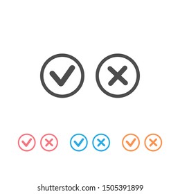 Checkmark-Check, X or Approve & Deny Line Art Vector Color Icon set for Apps and Websites. Vector