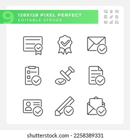 Checkmarks in business and education pixel perfect linear icons set. Approved data signs. Correct information. Customizable thin line symbols. Isolated vector outline illustrations. Editable stroke