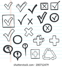 Checkmarks and checkboxes drawn in a doodled style on lined notebook paper.