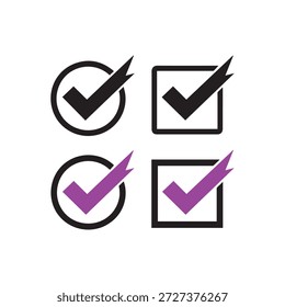 Checkmarks in circles and squares with black and purple check symbols