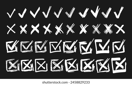 Checkmarks and crosses. Collection of thirty six randomly drawn squiggles and doodles. Vector set of white symbols and signs on a black background