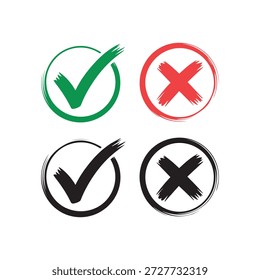 Marcas y cruces en círculos verdes, rojos y negros sobre fondo blanco