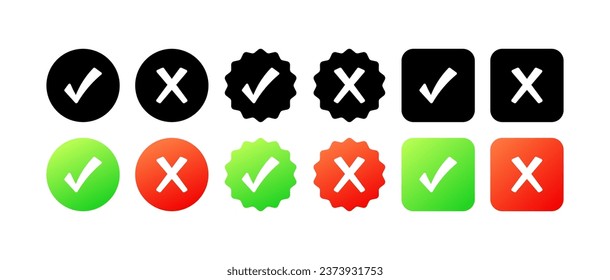 Checkmarks and crosses icons. Different styles, colors, set of checkmarks, set of crosses, checkmarks and crosses. Vector icons