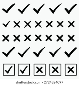 Marcas de verificación y cruces sobre fondo transparente aislado