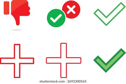 Marcas de verificación Cruces más símbolos Pulgares abajo iconos de Comentarios en rojo y verde aislados sobre fondo blanco