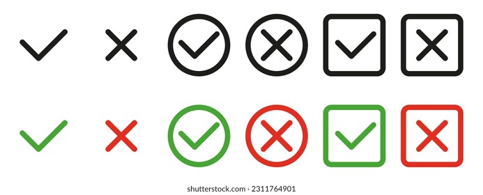 Checkmarks and crosses used as visual symbols for indicating completion or confirmation (checkmarks) or rejection or error (crosses). Checkmarks, crosses.