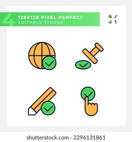 Checkmarks for data approvement pixel perfect RGB color icons set. International communication work. Isolated vector illustrations. Simple filled line drawings collection. Editable stroke