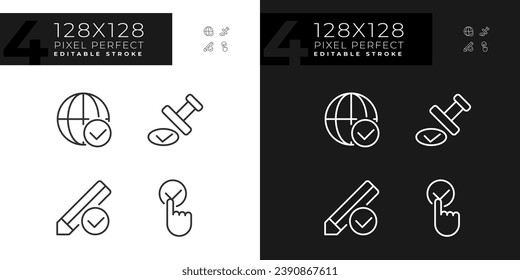 Checkmarks for data approvement pixel perfect linear icons set for dark, light mode. International communication work. Thin line symbols for night, day theme. Isolated illustrations. Editable stroke