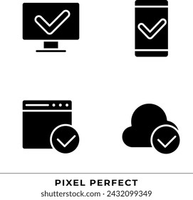 Marcas de verificación en las tecnologías digitales iconos de glifo negro establecido en el espacio en blanco. Acceso aprobado a dispositivos personales. Símbolos de silueta. Paquete de pictogramas sólido. Ilustración aislada del vector