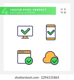 Checkmarks in digital technologies pixel perfect RGB color icons set. Approved access to personal devices. Isolated vector illustrations. Simple filled line drawings collection. Editable stroke