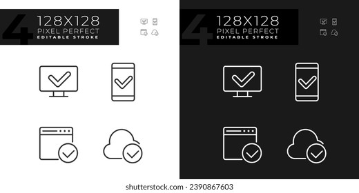 Checkmarks in digital technologies pixel perfect linear icons set for dark, light mode. Approved access to devices. Thin line symbols for night, day theme. Isolated illustrations. Editable stroke