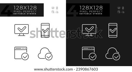 Checkmarks in digital technologies pixel perfect linear icons set for dark, light mode. Approved access to devices. Thin line symbols for night, day theme. Isolated illustrations. Editable stroke