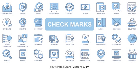 Prüfzeichensymbole, die im Konturenentwurf für Doppelkonturen für das Web festgelegt sind. Packen Sie Piktogramme bestätigen E-Mail, Schild, Hand, Präsentation, Ziel, Geld, genehmigt, Antwort, Vertrag, Liste, andere. Vektorgrafik.