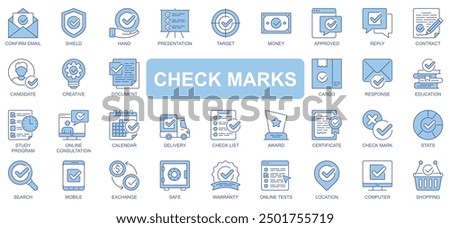 Checkmarks icons set in duotone outline stroke design for web. Pack pictograms of confirm email, shield, hand, presentation, target, money, approved, reply, contract, list, other. Vector illustration.