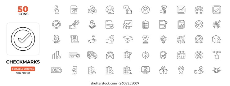 Checkmarks Line Icon Set – Verified, Approval, Checklist, Shield, Document, Editable Stroke.