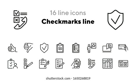 Iconos de línea de marcas de verificación. Conjunto de iconos de línea. Casillas de verificación y receptor de teléfono, lista de verificación, portapapeles. Concepto de evaluación. La ilustración vectorial puede utilizarse para temas como computación, redes sociales
