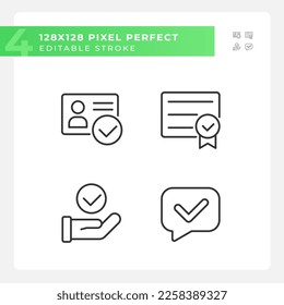 Marcas de verificación en el juego de iconos lineales perfectos del píxel de aprobación de papel. Marcas en la comunicación comercial. Símbolos de línea delgada personalizables. Ilustraciones aisladas del contorno vectorial. Trazo editable