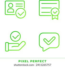 Checkmarks in paper approvement pixel perfect gradient linear vector icons set. Tick marks in business communication. Thin line contour symbol designs bundle. Isolated outline illustrations collection